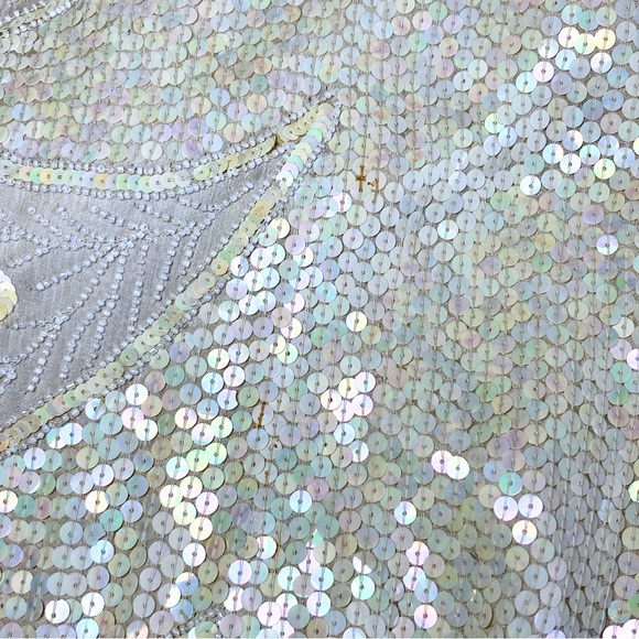 Vintage 100% Silk Ivory 70s 80s Fully Beaded Sequin Long Sleeve Dress - Picture 14 of 15